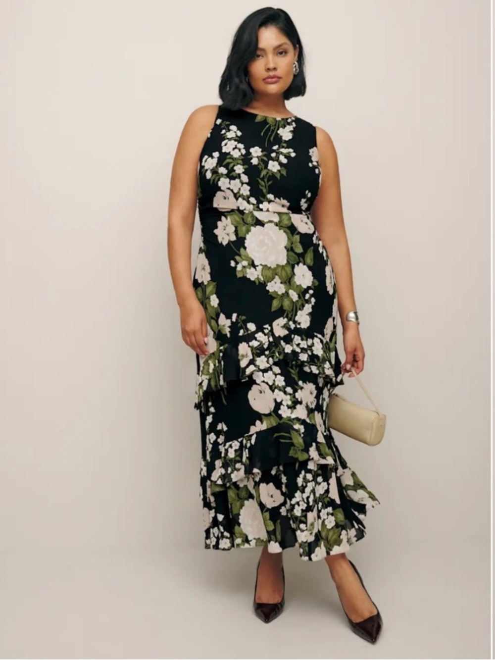 Reformation Magnus Floral Tiered Ruffle Chiffon Maxi Dress in Raven Size 12